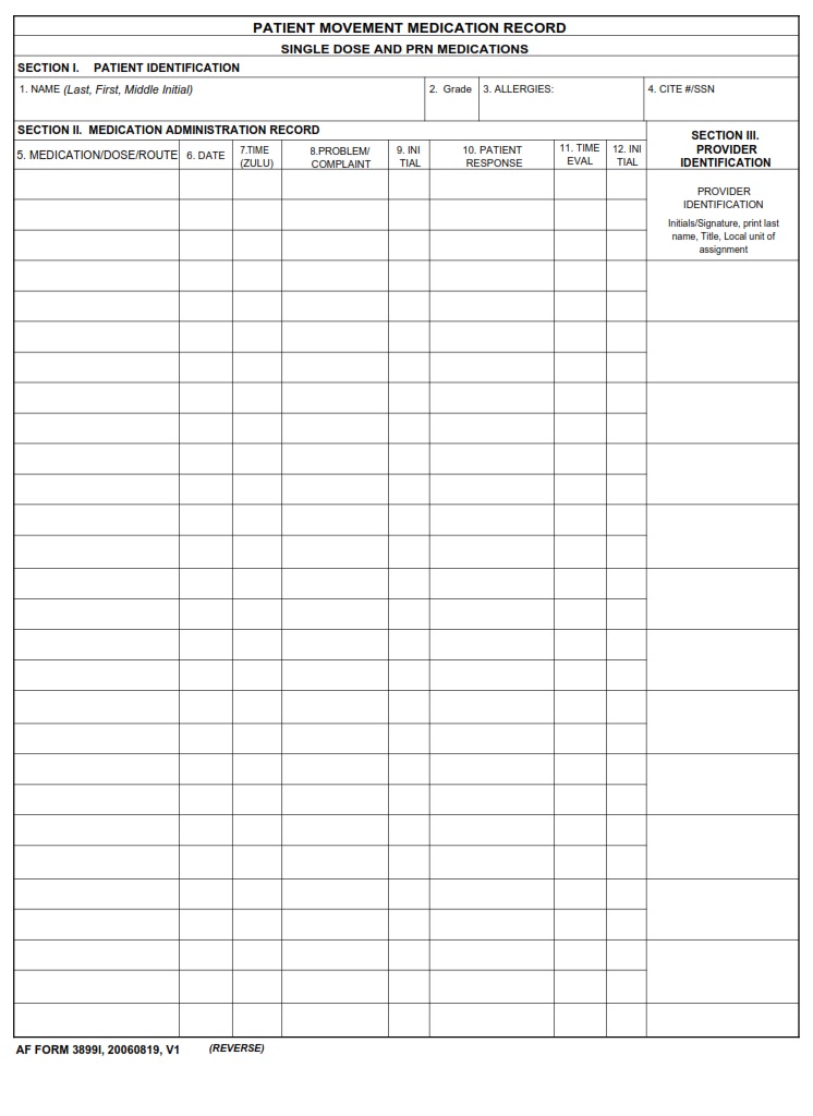 AF Form 3899I Patient Movement Medication Record AF Forms