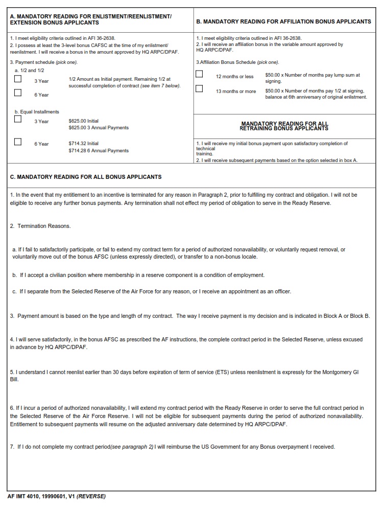 AF Form 4010 Application For Ima Enlisted Bonus And Incentive AF Forms