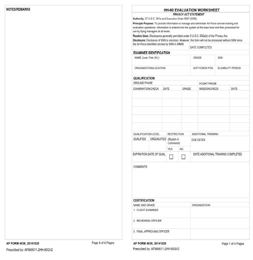 AF Form 4038 HH 60 Evaluation Worksheet AF Forms