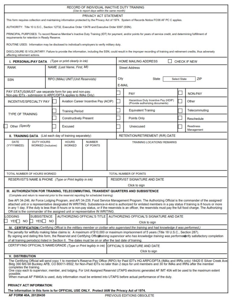 Af Form 40a Record Of Individual Inactive Duty Training Af Forms