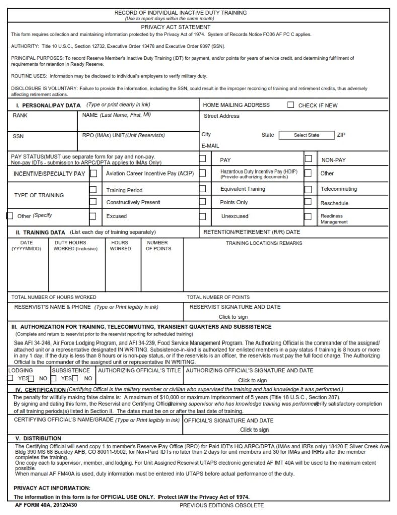 AF Form 40A Record Of Individual Inactive Duty Training AF Forms