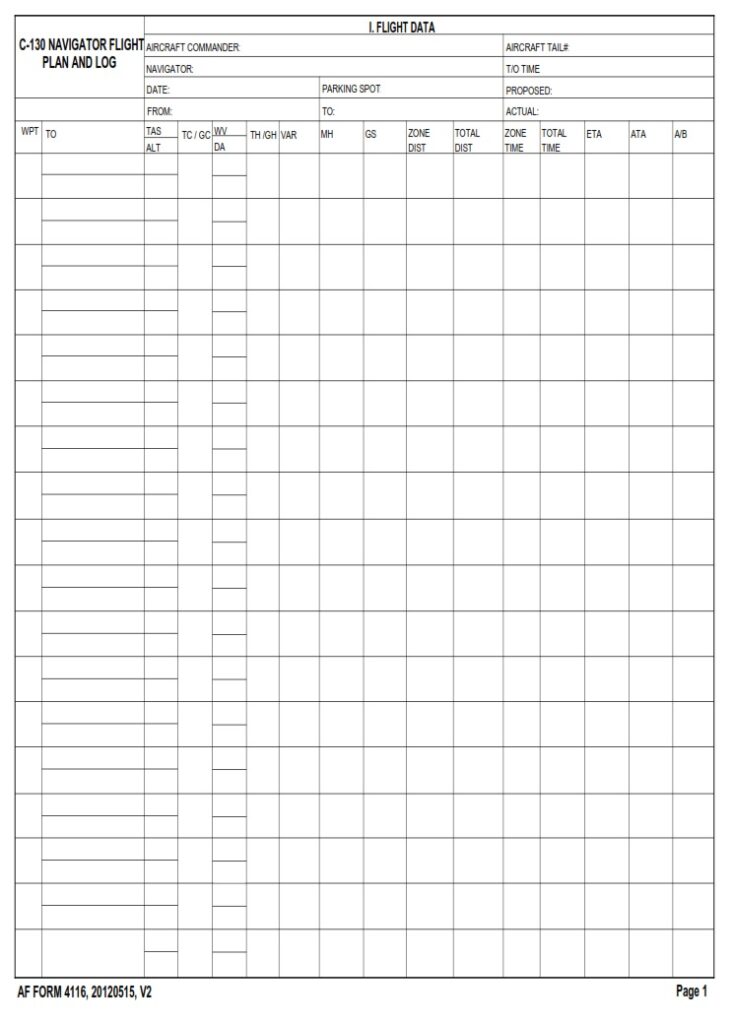 AF Form 4116 – C-130 Navigator Flight Plan And Log - AF Forms