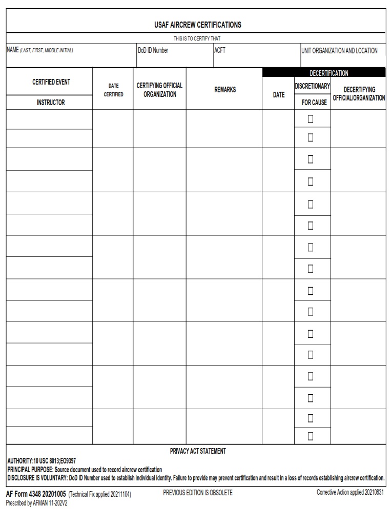 AF Form 4348 USAF Aircrew Certifications AF Forms