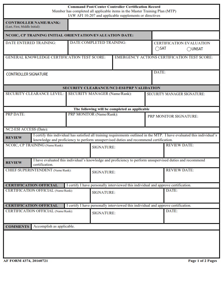 AF Form 4374 Command Post Center Controller Certification Record AF