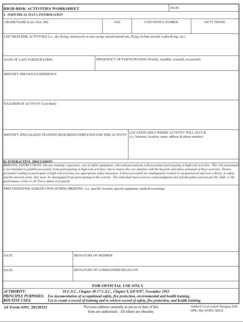AF Form 4391 High Risk Activities Worksheet AF Forms