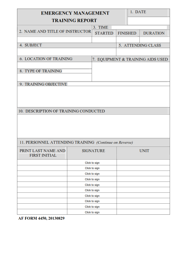 AF Form 4450 Emergency Management Training Report AF Forms