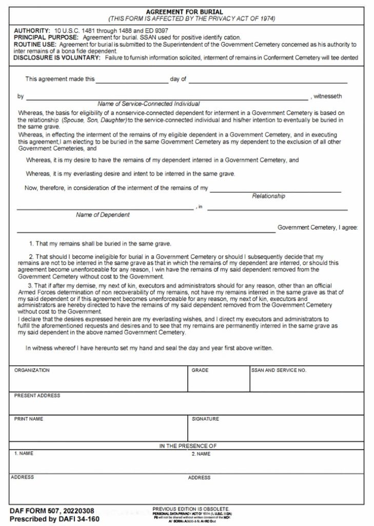 AF Form 507 – Agreement For Burial - AF Forms