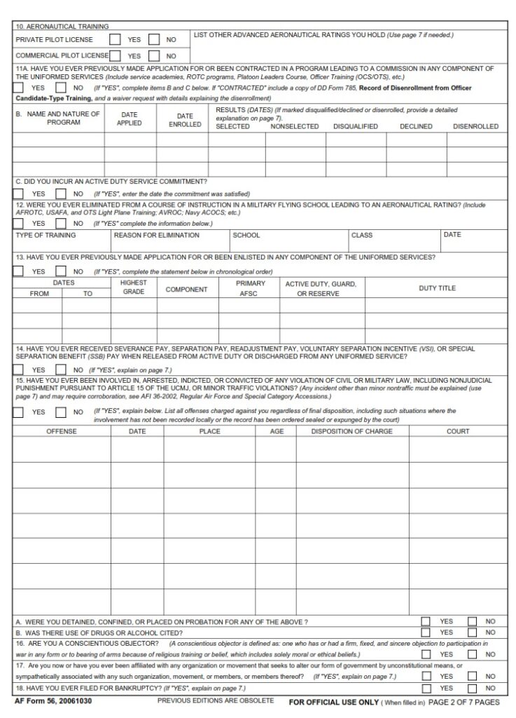 Af Form 56 Application And Evaluation For Training Leading To A Commission In The United States 0295