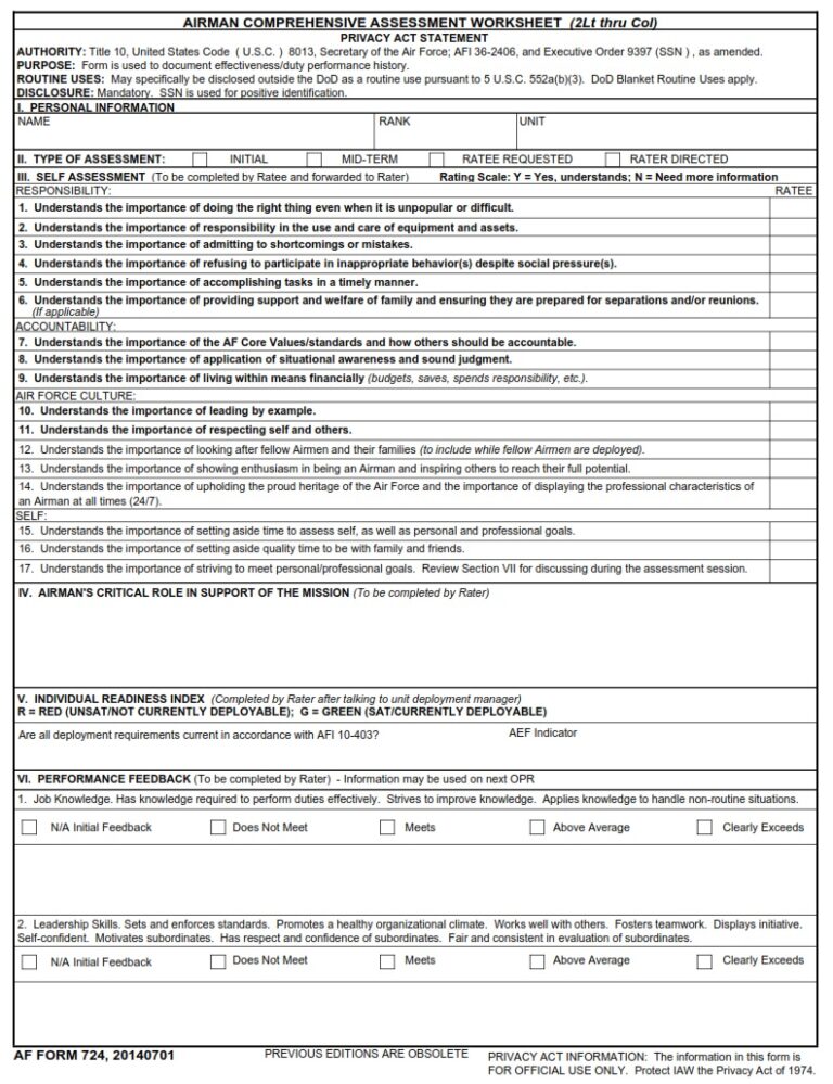 AF Form 724 – Airman Comprehensive Assessment Worksheet (2LT THRU COL ...