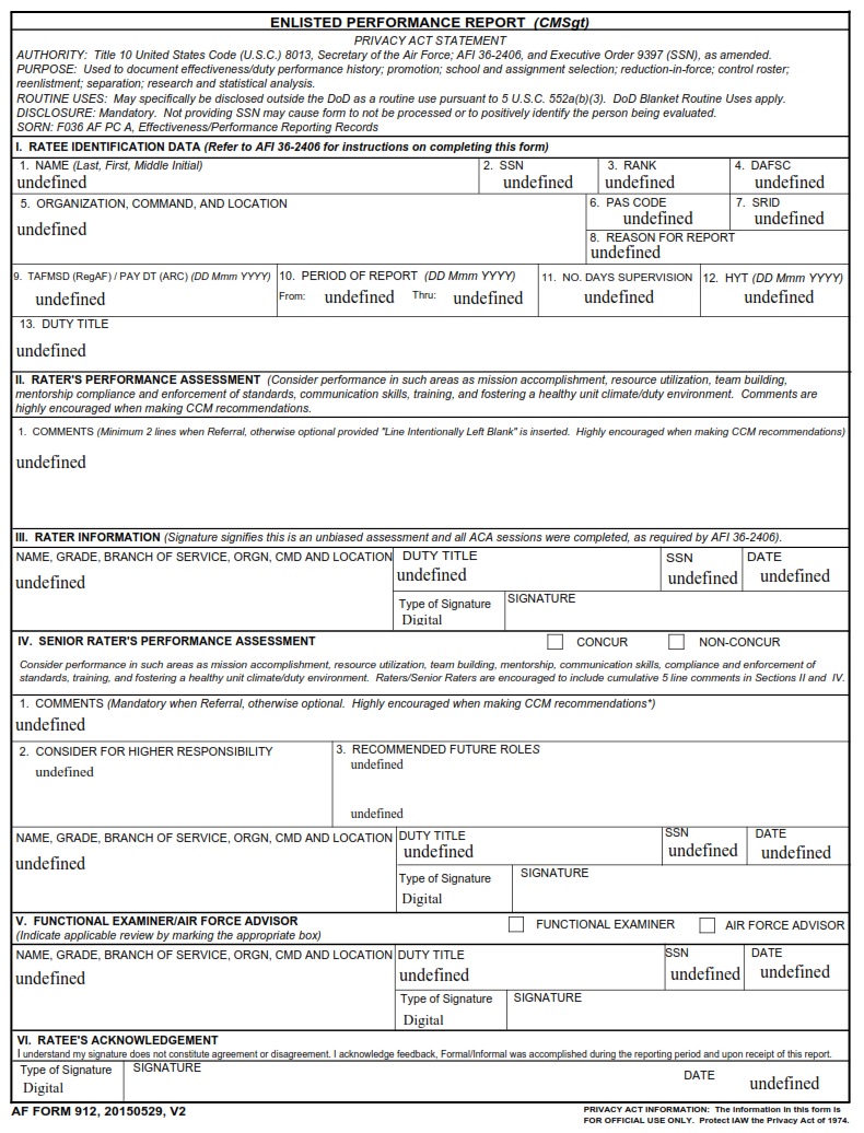 AF Form 912 Enlisted Performance Report CMSGT AF Forms