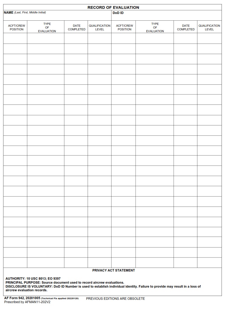 AF Form 942 Record Of Evaluation AF Forms