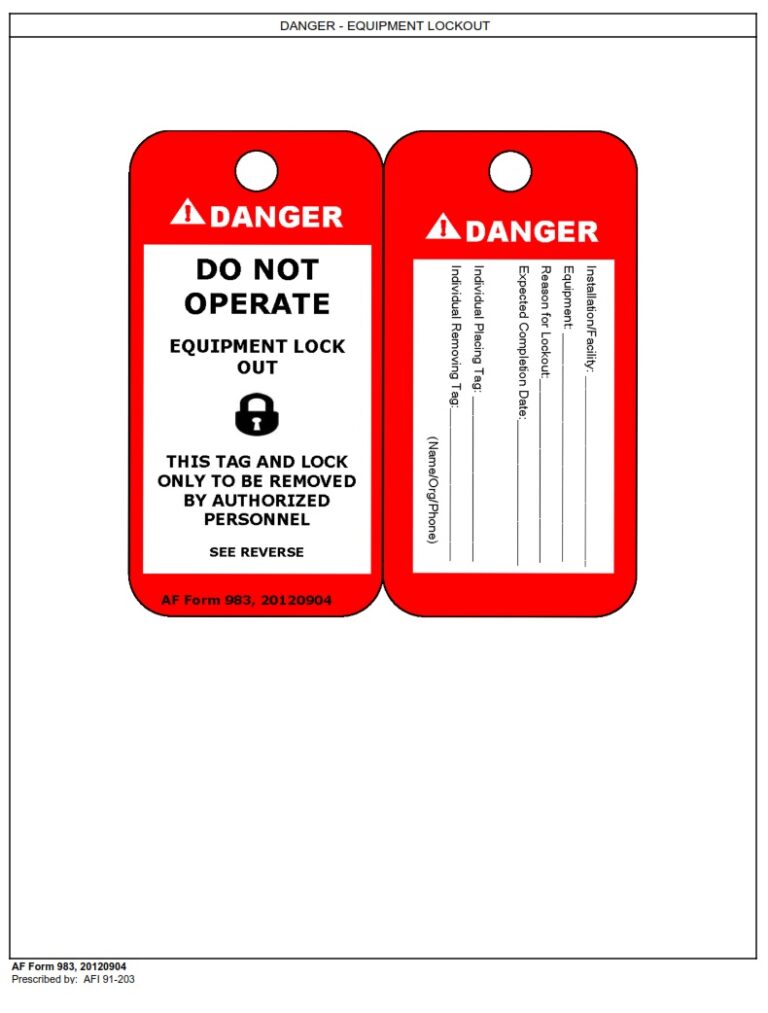 AF Form 983 – Danger – Equipment Lockout Tag - AF Forms