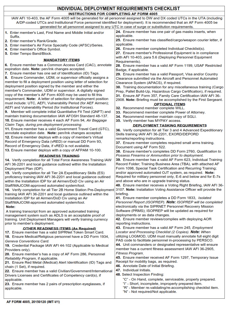 AF Form 4005 - Individual Deployment Requirements Checklist - AF Forms