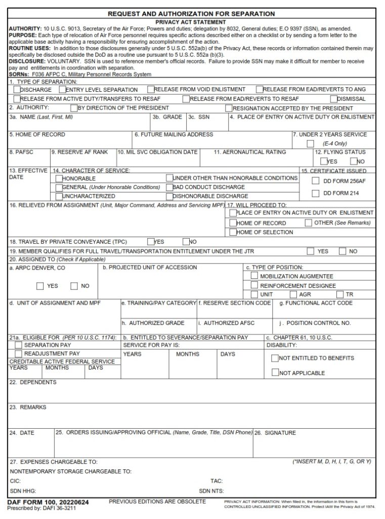 Daf Form 100 – Request And Authorization For Separation - Af Forms