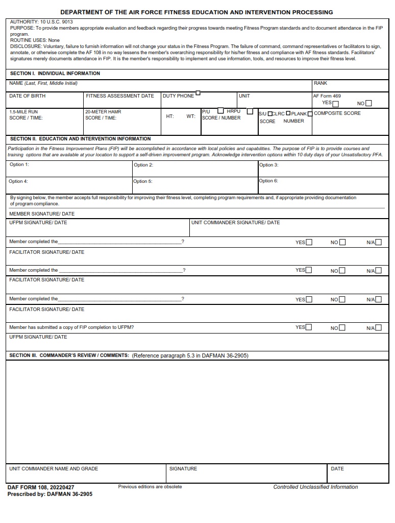 DAF Form 108 – The Department of the Air Force Fitness Education and ...