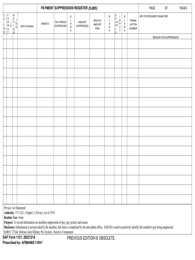 DAF Form 1121 Payment Suppression Register Jumps AF Forms