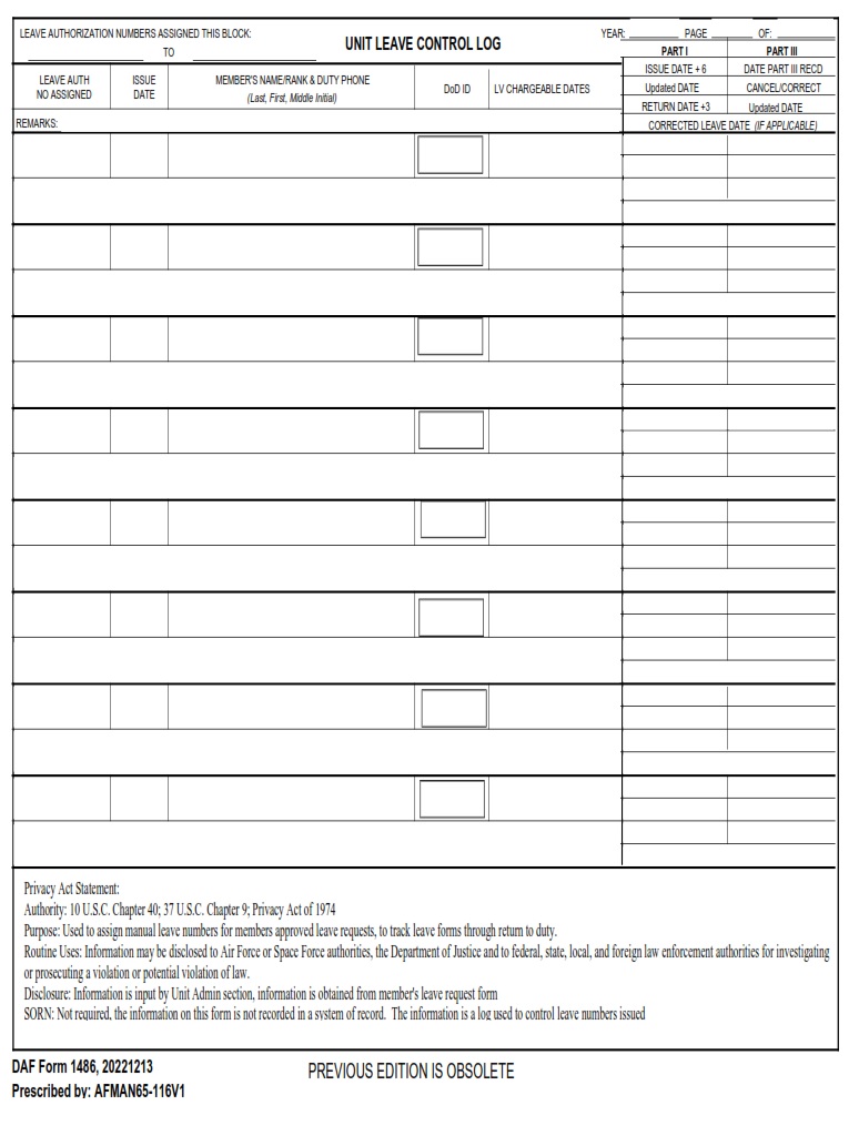 DAF Form 1486 Unit Leave Control Log AF Forms