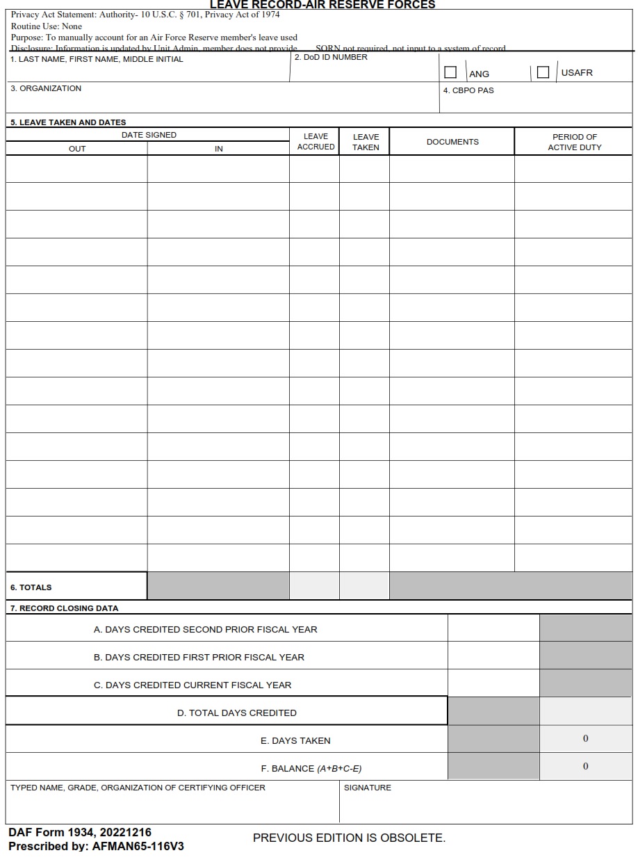 DAF Form 1934 Leave Record Air Reserve Forces AF Forms
