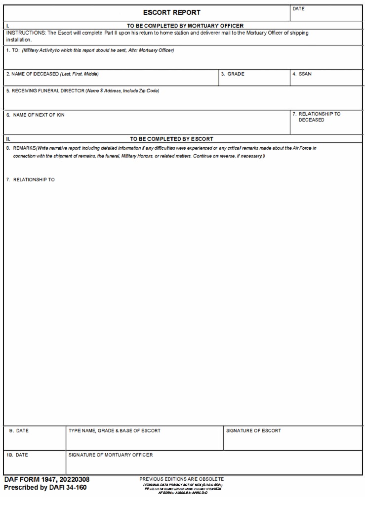 DAF Form 1947 Escort Report AF Forms