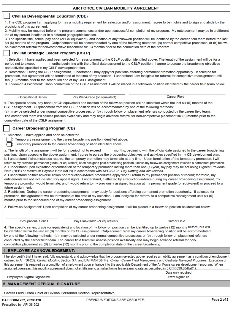 DAF Form 202 Department Of The Air Force Civilian Mobility Agreement