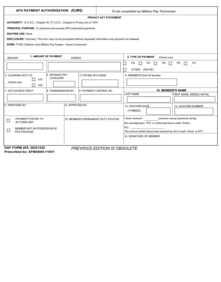 DAF Form 265 Afo Payment Authorization Jumps AF Forms