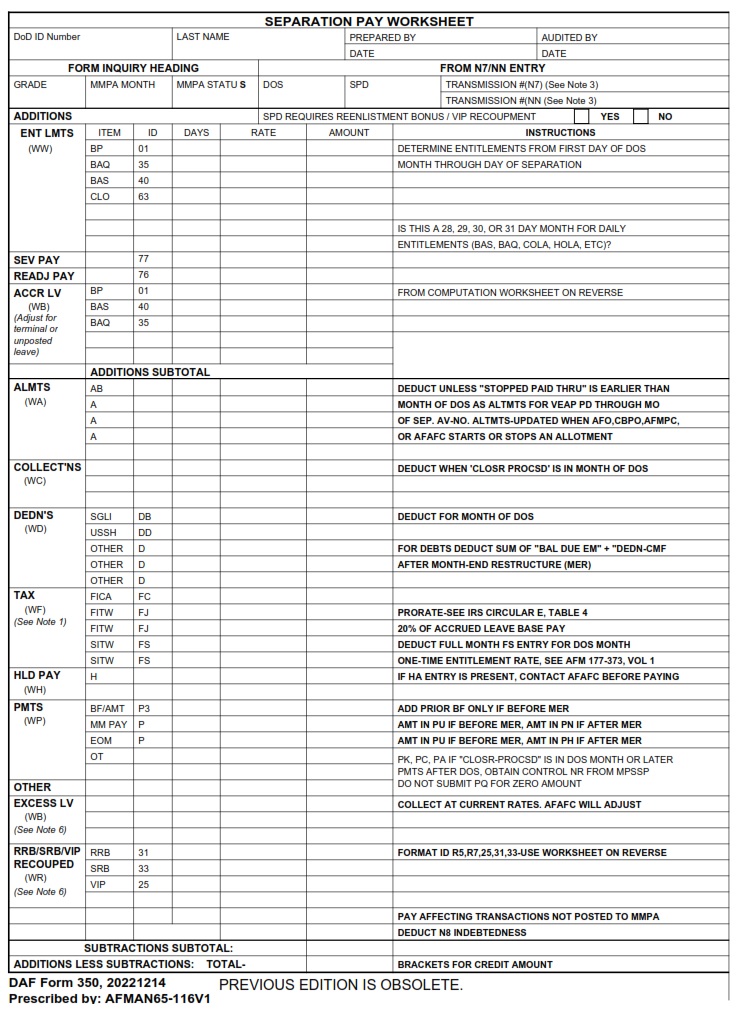 DAF Form 350 Separation Pay Worksheet AF Forms