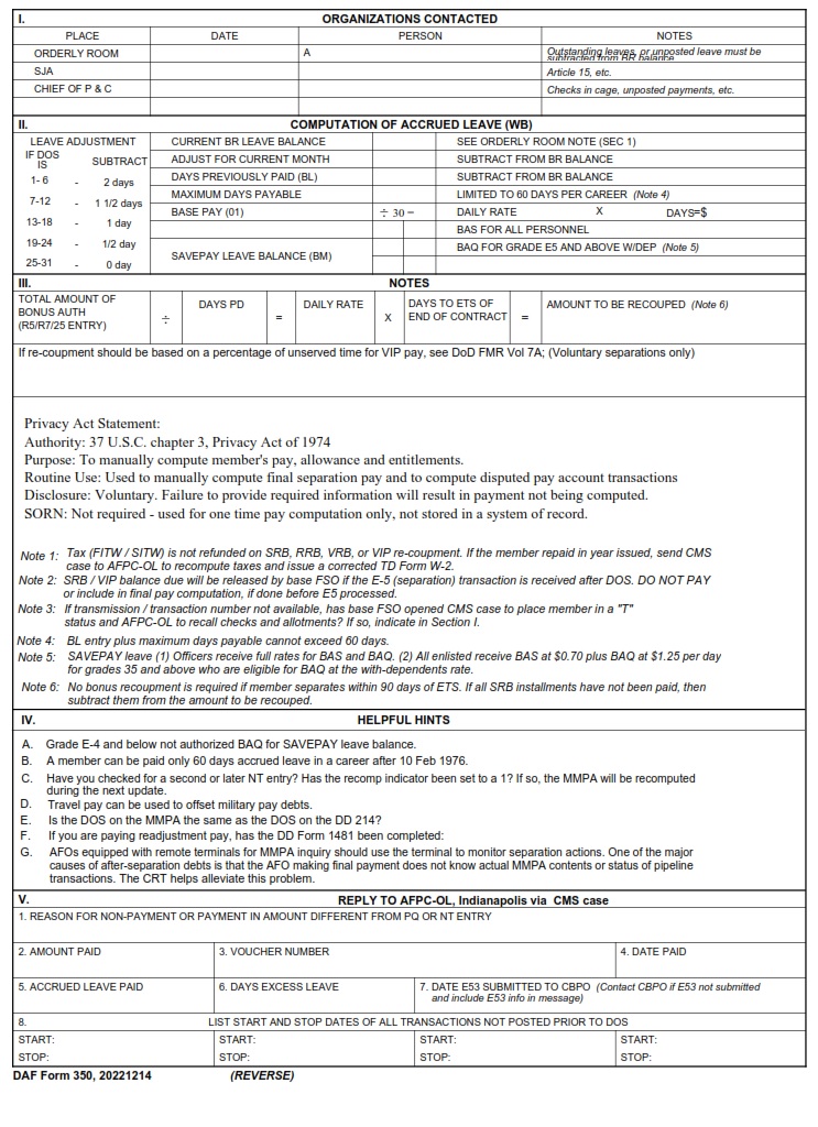 DAF Form 350 Separation Pay Worksheet AF Forms