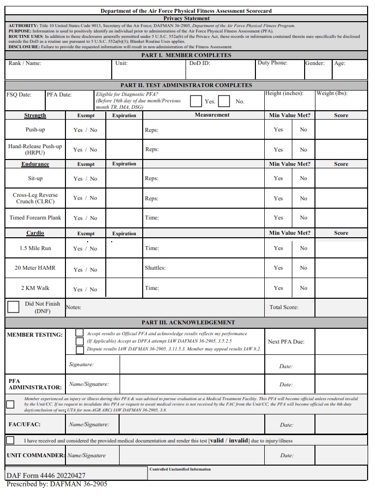 DAF Form 4446 Department Of The Air Force Physical Fitness Assessment