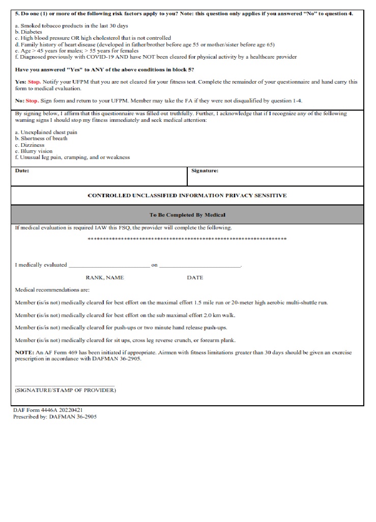 DAF Form 4446A Department Of The Air Force Physical Fitness Screening
