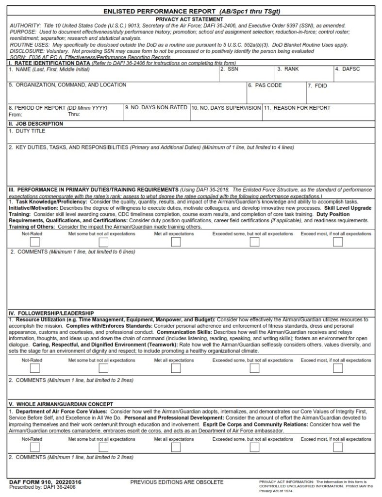 DAF Form 910 Enlisted Performance Report AB SPC1 THRU TSGT AF Forms daf-form-910-enlisted-performance-report-ab-spc1-thru-tsgt-af-forms