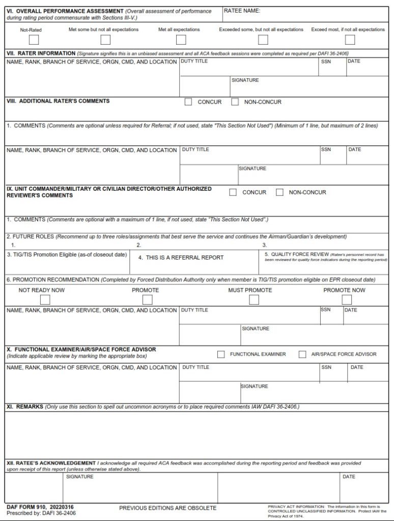 DAF Form 910 – Enlisted Performance Report (AB/SPC1 THRU TSGT) - AF Forms