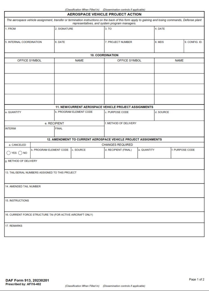 DAF Form 913 – Aerospace Vehicle Project Action - AF Forms