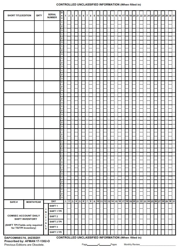 DAF Form COMSEC16 – Comsec Account Daily Shift Inventory - AF Forms