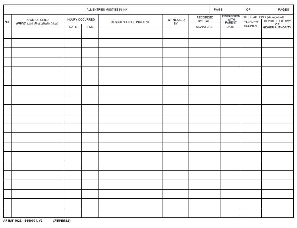 AF Form 1023 Youth Flight Record Of Injuries LRA AF Forms