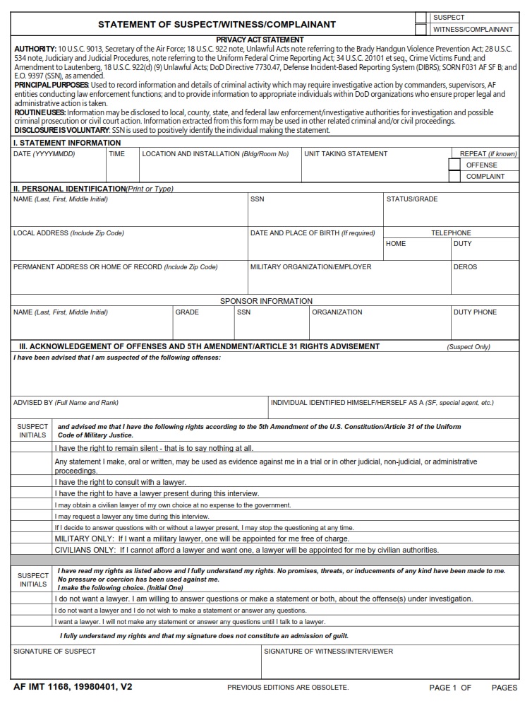 AF Form 1168 Statement Of Suspect Witness Complainant AF Forms