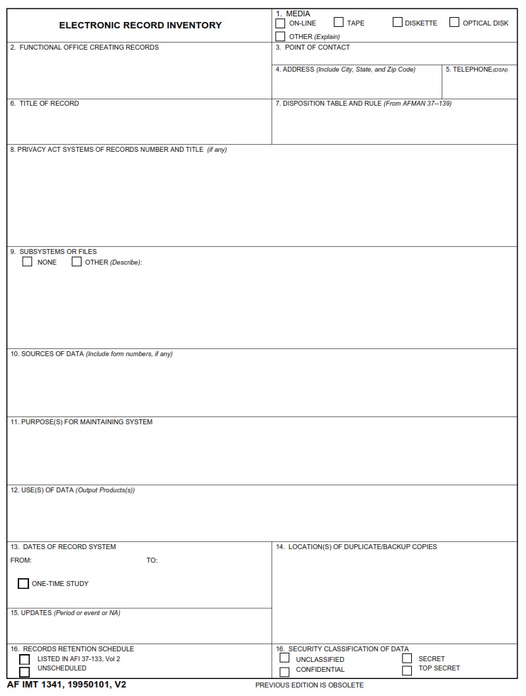 AF Form 1341 Electronic Record Inventory AF Forms