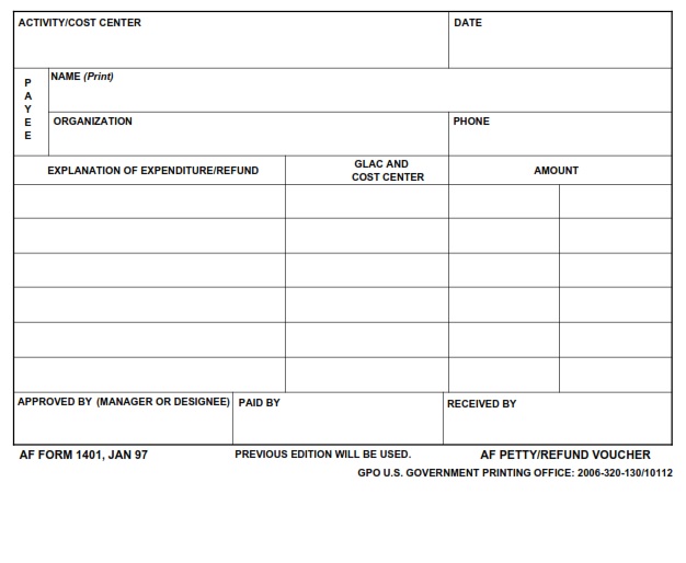 AF Form 1401 AF Petty Cash Refund Voucher AF Forms