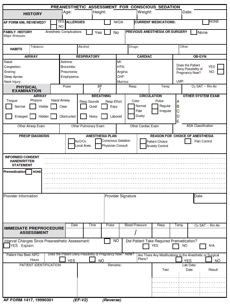 AF Form 1417 Sedation Clinical Record AF Forms