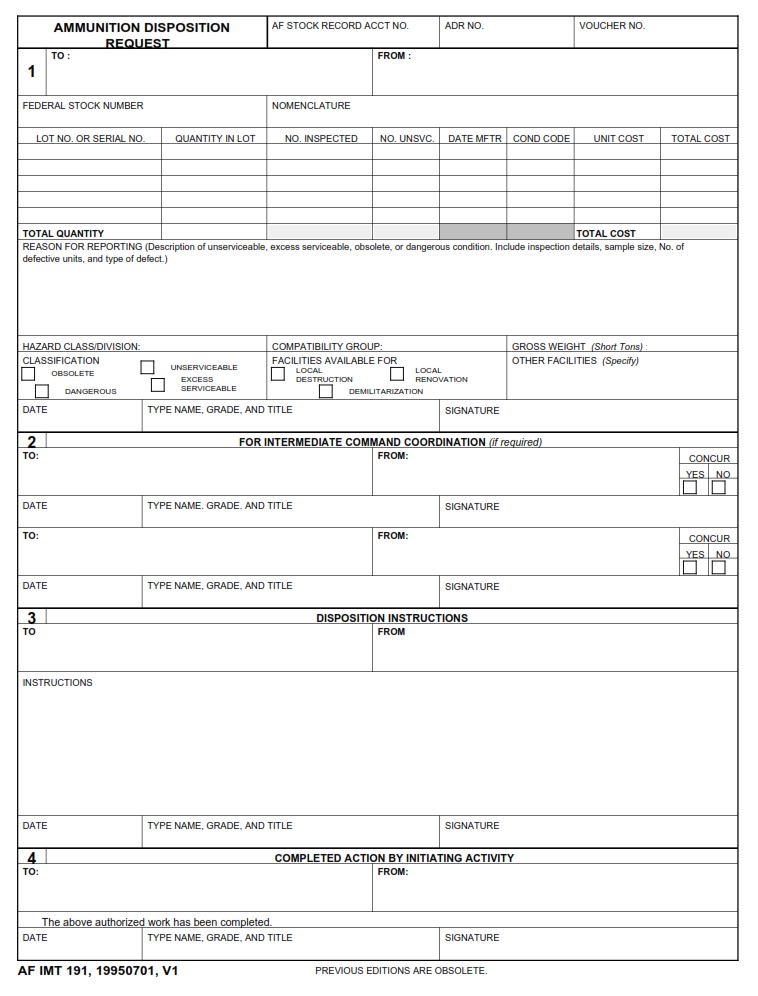 AF Form 191 – Ammunition Disposition Request - AF Forms