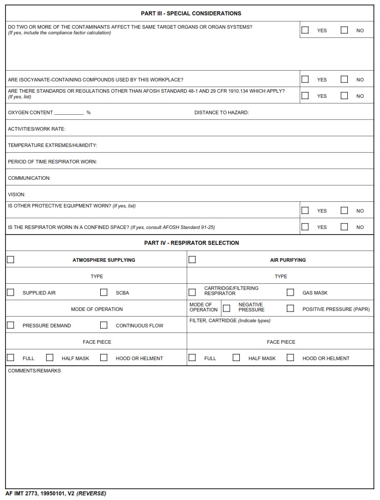 AF Form 2773 Respirator Selection Worksheet AF Forms