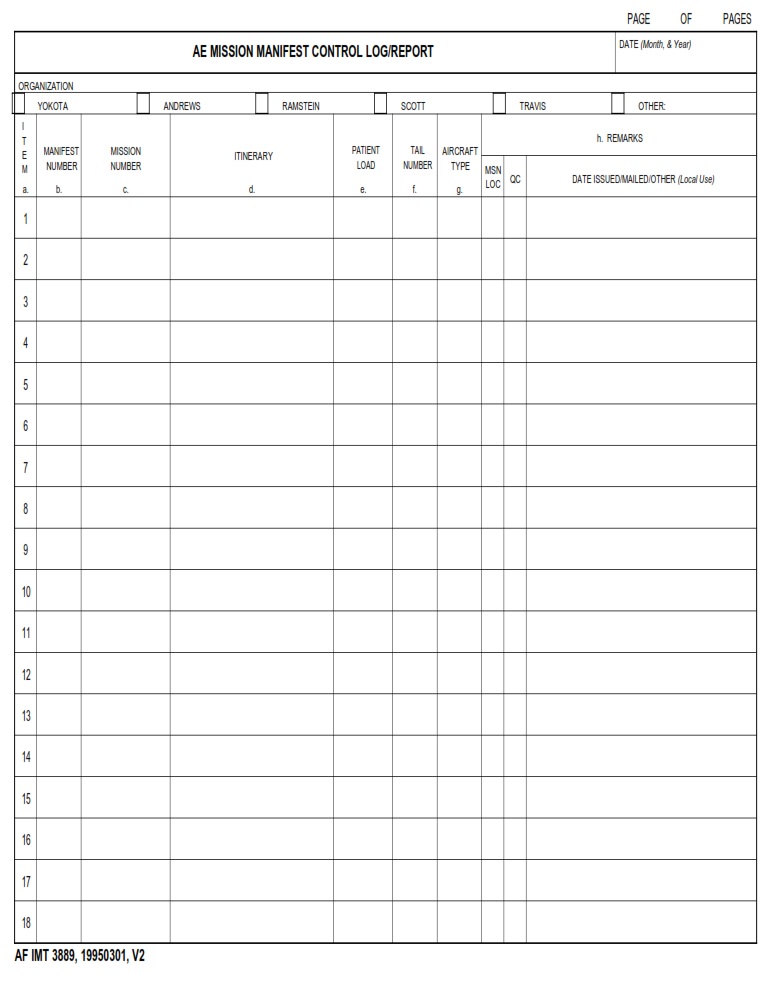 AF Form 3889 - AE Mission Management Control Log/Report - AF Forms