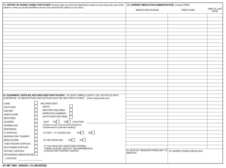 AF Form 3890 - Aeromedical Evacuation Inpatient Nursing Summary - AF Forms