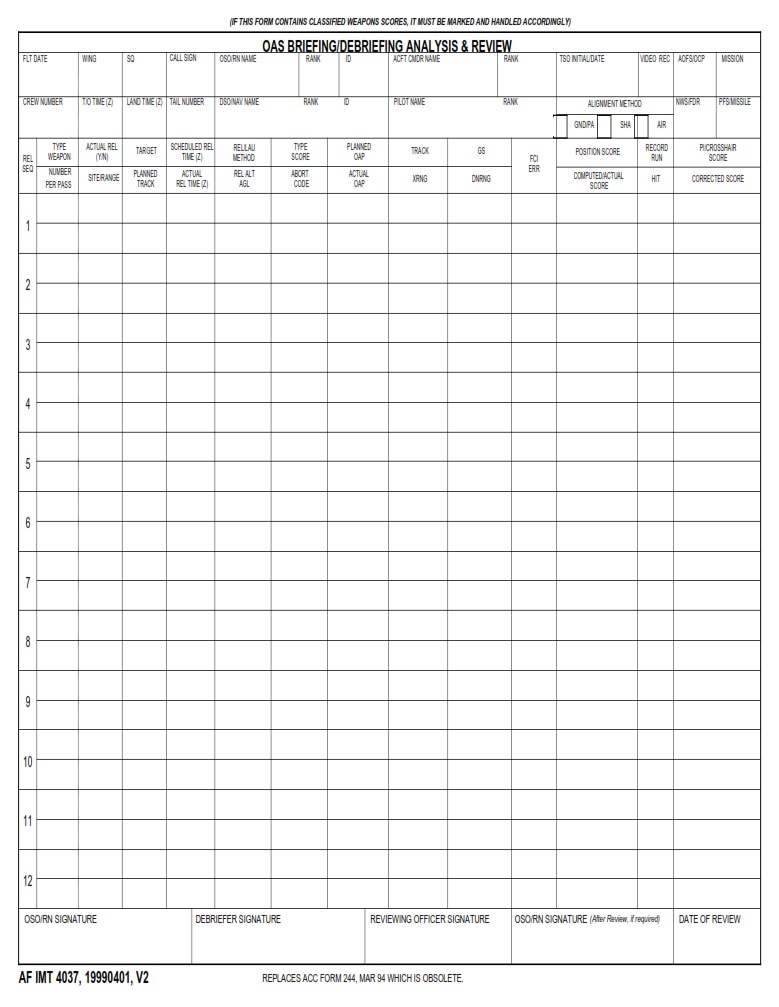 AF Form 4037 OAS Briefing Debriefing Analysis Review AF Forms