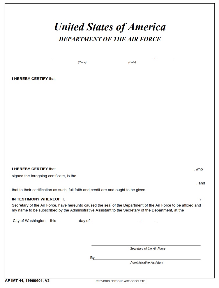 AF Form 44 Certificate Of Records AF Forms
