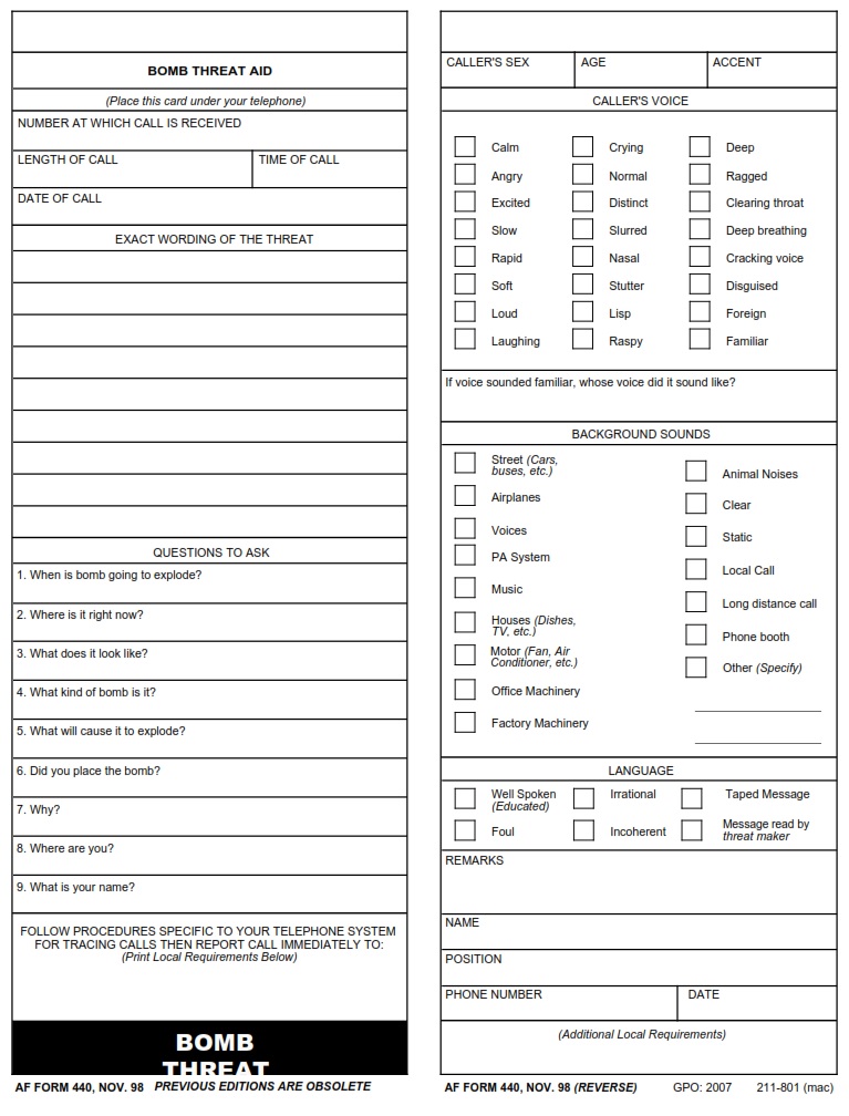 AF Form 440 Bomb Threat Aid AF Forms