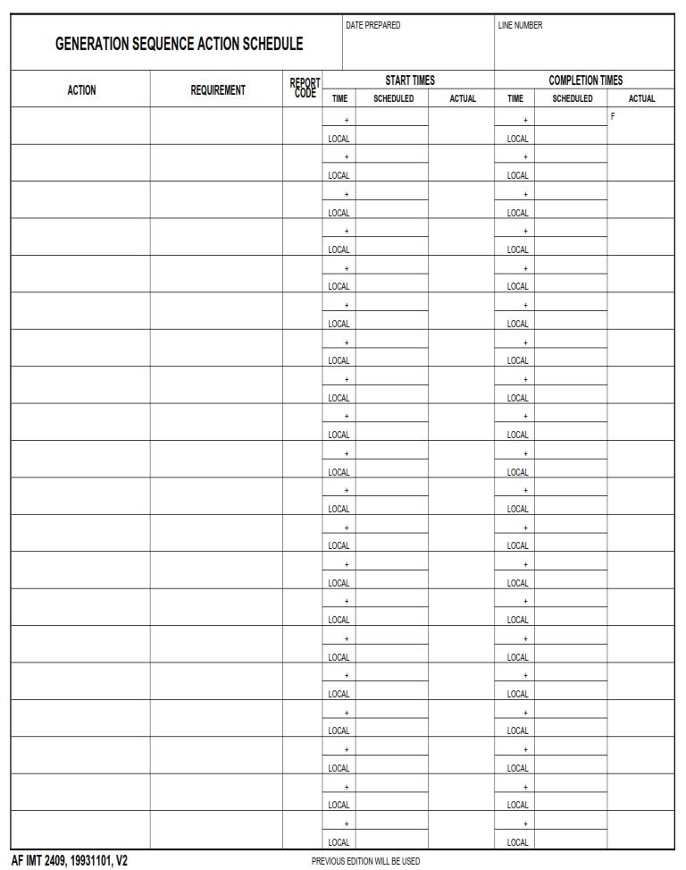 AF Form 2409 Generation Sequence Action Schedule AF Forms