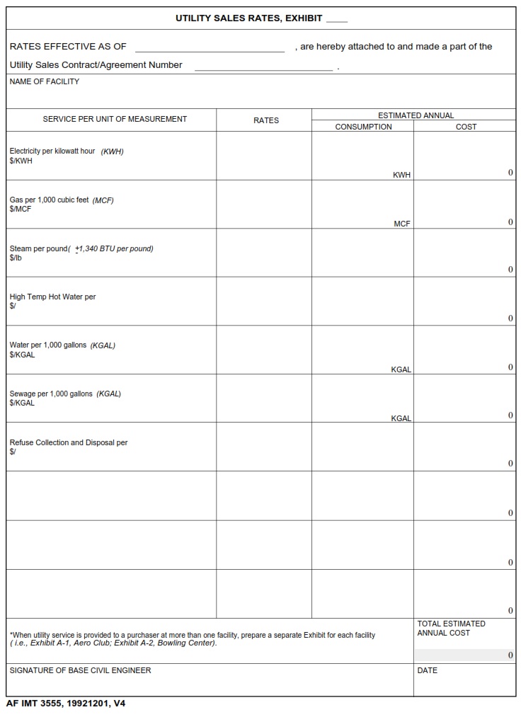 AF Form 3555 Utility Sales Rates Exhibit AF Forms