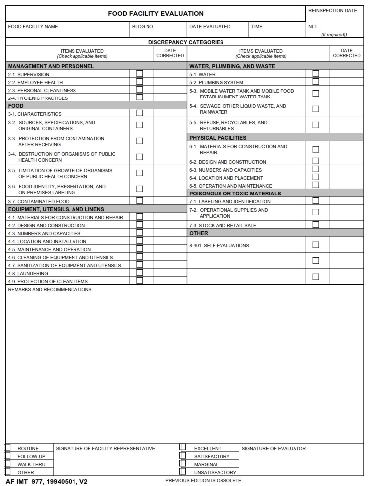 AF Form 977 Food Facility Evaluation AF Forms