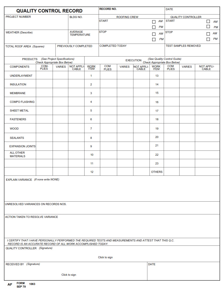 AF Form 1063 Quality Control Record AF Forms