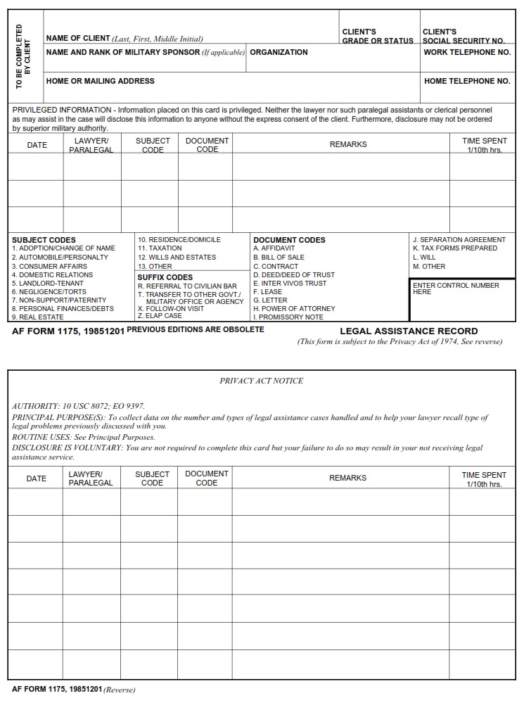 AF Form 1175 Legal Assistance Record AF Forms